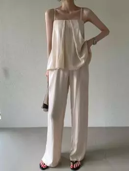 Летние элегантные однотонные сексуальные плиссированные комплекты из двух предметов, женские топы без рукавов с рюшами + широкие брюки, женские лоскутные ретро повседневные пляжные костюмы для вечеринок One Size синий