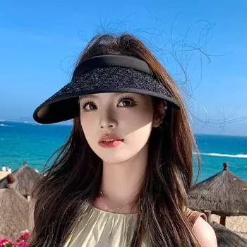 Summer Empty Top Cap Shiny Visor Cap Sweet Sequin Sun Hat Women Black Headband