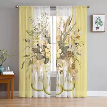 Летние листья эвкалипта полосатые желтые шторы из тюля для гостиной спальни отеля роскошные украшения прозрачные шторы 135W x 114H(cm)