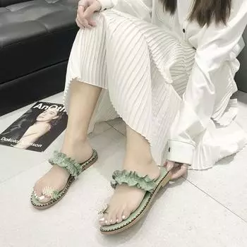 Лето Европа и США Новая мода жемчужный зажим носок большой размер для ношения на открытом воздухе плоские кружевные тапочки для женщин 35
