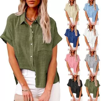 Summer Europe And The United States Women s Solid Color Linen Shirt Short-sleeved Casual Loose Shirt L бежевый