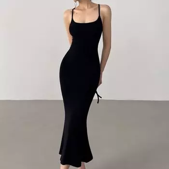 Summer European American Fishtail Dress Women s Backless Lace up Long Bandeau Slim-Fit Tight Braces Vest Sheath Dress Black M