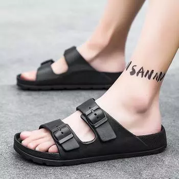 Summer EVA flat slippers outer wear flat shoes double buckle EVA sandals waterproof and non-slip ultra-light beach slippers couple shoes 36