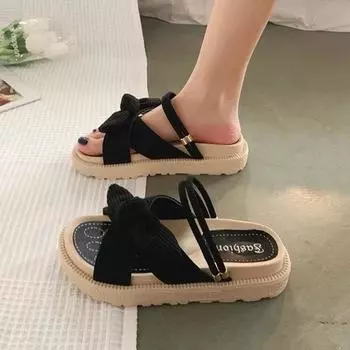 Summer Fairy Style Women Sandals Comfortable Platform Slippers Women Butterfly-Knot Flip Flops Fashion Roman Women Flat Sandals 35 чёрный
