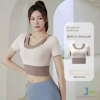 Summer Fake Two-Piece Wear-Free Bra Short Sleeve High Waist Hip Lift Running Training Sports Tight Workout Clothes Yoga Suit Ivory White S(Suggested 40.00 kg-45.00 kg)