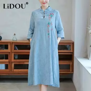 Summer Fashion Chinese Style Stand Collar Embroidery Robe Ladies Vintage Half Sleeve Temperament Vestidos Dress Femme L красный