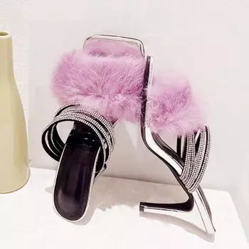 Летняя мода пушистые меховые женские тапочки с кристаллами на высоком каблуке с квадратным носком шлепанцы сандалии на каблуке с квадратным носком праздничная обувь для женщин 35 чёрный