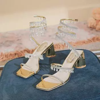 Летняя мода Роскошные сандалии на высоком каблуке со стразами и кристаллами в форме змеи для женщин Золотые Серебряные Туфли для вечеринки Свадебные туфли 35