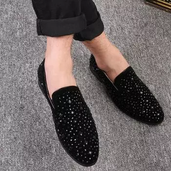 Summer Fashion Men Black Diamond Sequins Crystal Bean Shoes Breathable Slip-on Outdoor Lightweight Anti-slip Comfy Casual Shoes 38 чёрный