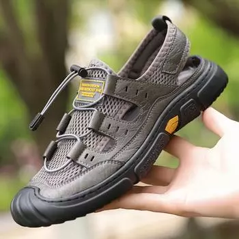 Summer Fashion Men Sandals Breathable Men Shoes Leather Outdoor Men Sandals Antiskid Beach Sandals Hollow Shoes Beach Footwear 38 чёрный