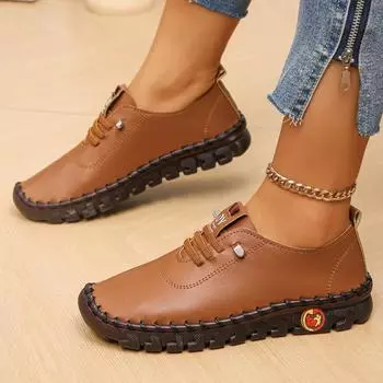 Summer Fashion Mum Shoes Handmade Soft Sole Stitching Leather Shoes Women s Casual Sneakers Zapatos Mujer Primavera Verano 2024 35 коричневый