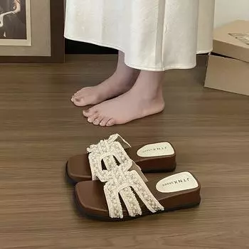 Summer fashion new beautiful pearl square and slippers women wear comfortable soft bottom one-word drag 35