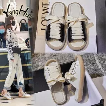 Летние модные уличные современные тапочки 2024 года, новые тапочки с плоским дном и шнуровкой, универсальная женская обувь в стиле ретро 35 бежевый