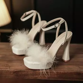 Summer Fashion Pumps Sexy Square Head Hair Buckle Apricot Black Chunky Heel High Heel Sandals Women Party Wedding Shoes 35