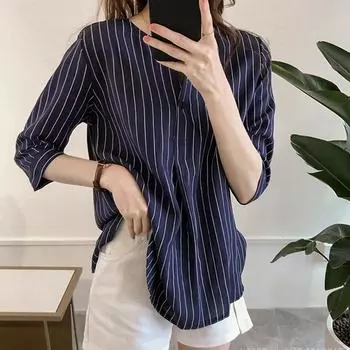 Летняя мода с круглым вырезом в полоску, женские топы с коротким рукавом, свободные повседневные блузки больших размеров, женские элегантные винтажные простые офисные женские рубашки 1283 XXL белый