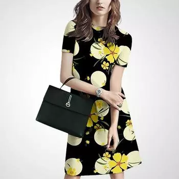 Summer Fashion Temperament Printed Loose Short Sleeve Dress Black + Big Dot + Yellow Flower XL