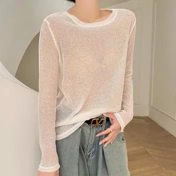 Summer Fashion Thin Sunscreen Linen Loose Knitted Blouse Women s Lazy Style High-end Long-sleeved T-shirt L