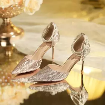 Summer Fashion Women s Pointed Toe Luxury Sequins Beaded Buckle Champagne Silver High Heel Sandals Party Wedding Shoes 35