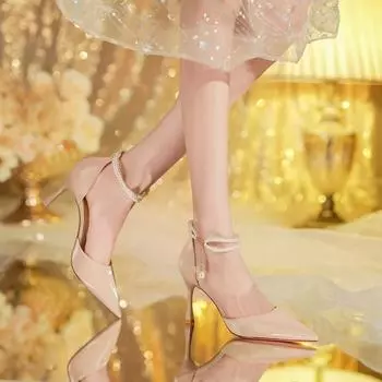 Летняя мода Женские сандалии с острым носком, жемчужным высоким каблуком, полые, тонкие, удобные, на высоком каблуке, туфли для вечеринки, свадебного платья 35