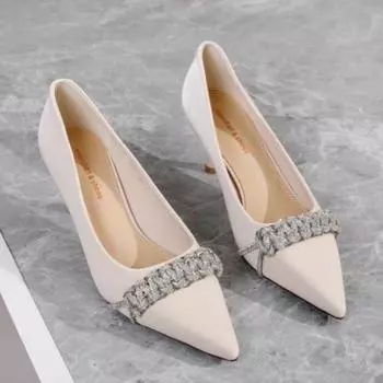 Летняя мода женские туфли без застежек высокого качества однотонные тонкие каблуки со стразами на открытом воздухе с острым носком женские туфли 34