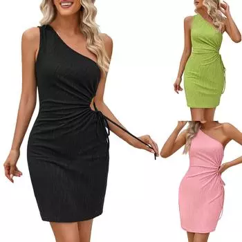 Летнее модное повседневное женское платье без рукавов с косым воротником и однотонной талией L чёрный