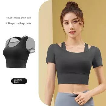 Summer Fitness Yoga Wear Tops Women s Short Sleeve with Chest Pad Integrated Quick-Drying Fake Two-Piece Mesh Breathable Sports T-shirt Xingyao Black [Short Sleeve]] S (40.00 kg-47.50 kg