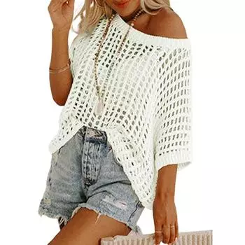 Summer Five-sleeved Sexy Cut-out and Hollowed-out Top Pullover Beach Smock Knitted Sweater for Women S