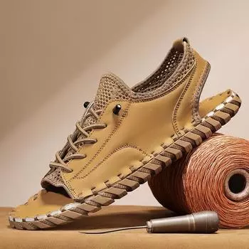 Summer Flat Designer Peep Toe Sandal Outdoor Men Anti Slip Casual Leather Beach Shoe Breathable Half Drag Hand-stitching Slipper 39 бежевый