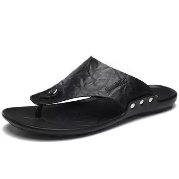 Summer flip-flops men wearing slippers youth tide shoes soft-soled rivets toes beach shoes cowhide slippers men 38