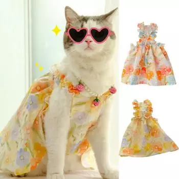 Summer Flower Dress Cat Pet Clothing Suspender Skirt For Cats Dogs Clothes Cat Small Print Cute Mesh Dogs Dress Pet Clothing S жёлтый