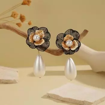 Summer Flower Pearl Water Drops European and American Exaggerated Women s Earrings чёрный