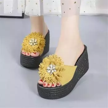 Summer Flower Slippers Women Fashion Rhinestone Sandals Sexy Open Head Platform Wedges Slides Big Size 34-43 High Heels Shoes 34 зелёный