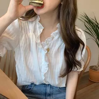 Summer fresh sweet V-neck mushroom edge hollowed out single breasted loose thin shirt for women S белый