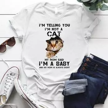 Summer Fun Cat Pattern Printed Round Neck Loose Cotton Short Sleeve Top T-Shirts Women’s S чёрный