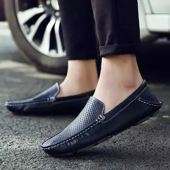 Summer Genuine Leather Loafers Men Breathable Moccasins Boat Shoes for Man Classic Driving Men s Shoes Luxury Hollow Male Flats 38 чёрный