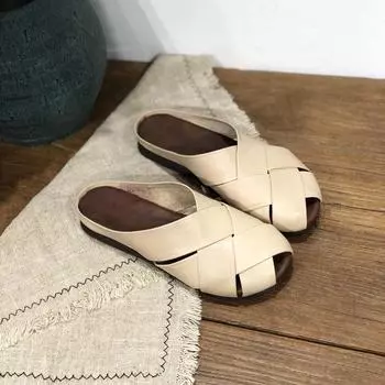 Summer Genuine Leather Women s Slippers Artistic Cowhide Shoes Braided Flat Toe Slippers 35 абрикосовый