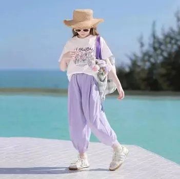 Summer Girls Clothes Children s Casual Sports Two Piece Set Sports Suit Teen Tracksuit Letter Flower Loose T-Shirt + Ankle Tied Pants 170 фиолетовый