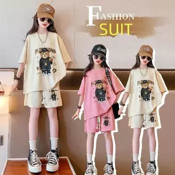 Summer Girls Cotton Cartoon Print T-Shirt Tops+Drawstring Shorts Sets School Kids 2PCS Tracksuit Children Jogging Outfits 170