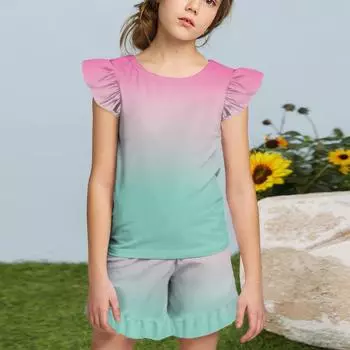 Summer Girls Cute Suit Flying Sleeves T-shirt Top + Ruffled Shorts Daily Outdoor Wear Cute Casual Fashion 2-Piece Set 120