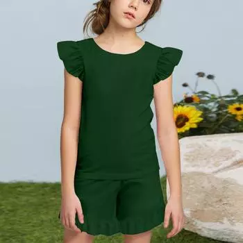 Summer Girls Cute Suit Flying Sleeves T-shirt Top + Ruffled Shorts Daily Outdoor Wear Cute Casual Fashion 2-Piece Set 120