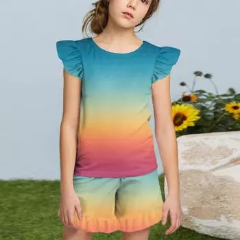 Summer Girls Cute Suit Flying Sleeves T-shirt Top + Ruffled Shorts Daily Outdoor Wear Cute Casual Fashion 2-Piece Set 120