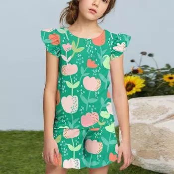 Summer Girls Cute Suit Flying Sleeves T-shirt Top + Ruffled Shorts Daily Outdoor Wear Cute Casual Fashion 2-Piece Set 120