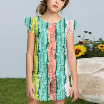 Summer Girls Cute Suit Flying Sleeves T-shirt Top + Ruffled Shorts Daily Outdoor Wear Cute Casual Fashion 2-Piece Set 120