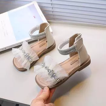 Summer Girls High-top Flat Sandals Luxury Rhinestone Kids Sandals for Princess Fashion Causal Children Lace Roman Sandals 23 розовый