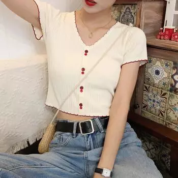 Summer Girls Sexy V-Neck Tshirt Solid Color Short Sleeve Knitted Tops Preppy Style Slim Tee T-Shirt One Size