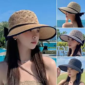 Summer Girls Sun Hats Wide Brim Bowknot Straw Hat Ribbon Outdoor Sun Protection Women Hats Soild Color Ladies Panama Caps One Size серый