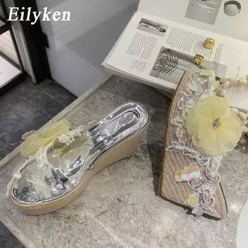 Summer Gold Summer Gold and silver platform wedge slippers for women Elegant PVC transparent woven heels Party lace mesh shoes 34 золотой