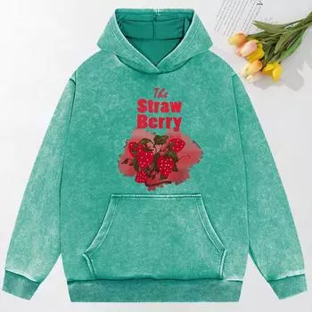 Summer Graffiti Strawberry Print Women Washed Hoodie Casual All-Match Hoody Retro Loose Pullovers Clothing Women M