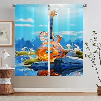 Summer Guitar Bedroom Curtains 2 Pieces Elegant Room Curtains for Living Room Shade Curtain Tiebacks Partition Tentacles Curls W50xH70cmx2pcs-CL