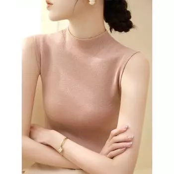 Summer Half Turtleneck Lyocell Tencel Silm Knitwear Tops New Arrival Ice Silk Tank Top Sleeveless T-shirt Bottoming Women Leather pink ~ quality upgrade L